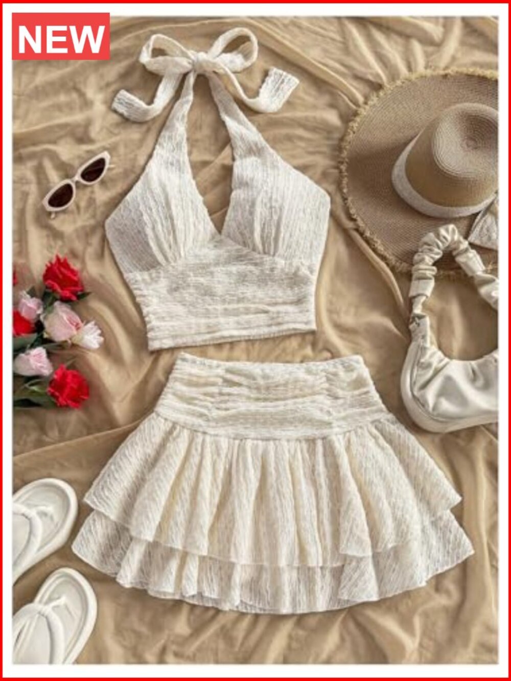 2 Piece Beach Vacation Outfit Ruched Halter Crop Top Ruffle Mini Skirt Set - Picture 5 of 5